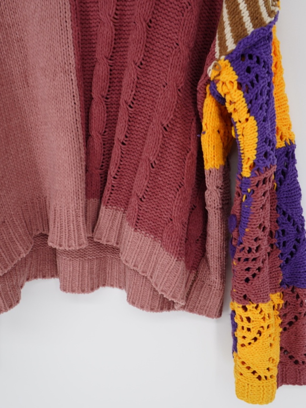 Pol Chenille Pink And Brown Floral Contrast Color Block Crochet OverSized M - Picture 12 of 14